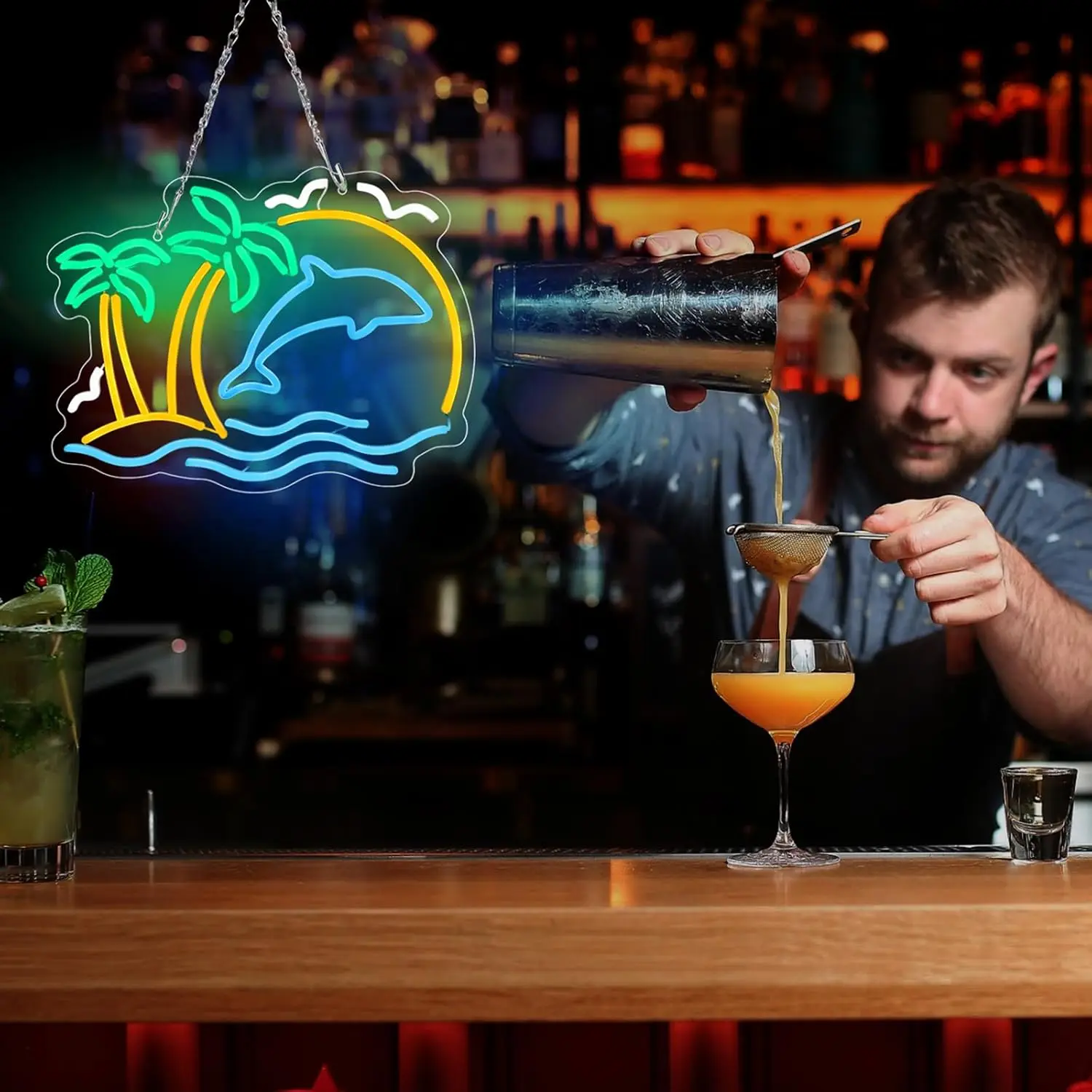 코코넛 나무 돌고래 네온 사인 로고 벽 장식 열대 하와이 태양 파도 파인애플 하와이 파티 티키 바 해변 파티 생일