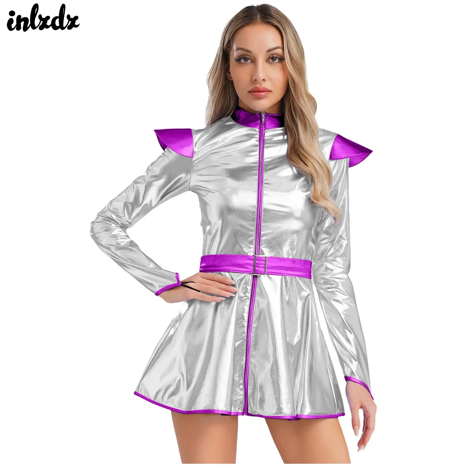 

Womens Adult Shiny Metallic Outer Space Alien Robot Carnival Cosplay Costume Long Sleeves Front Zip A-line Alien Dress with Belt