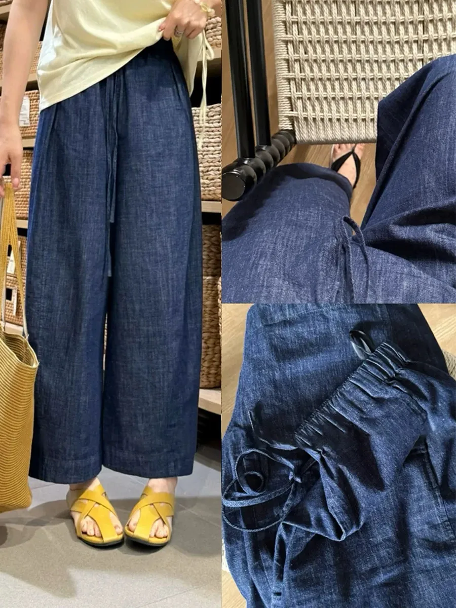 

Oversized Retro Deep Blue Jeans Elastic High Waist Drawstring Wide Leg Straight Trousers Female Casual Denim Cropped Pants