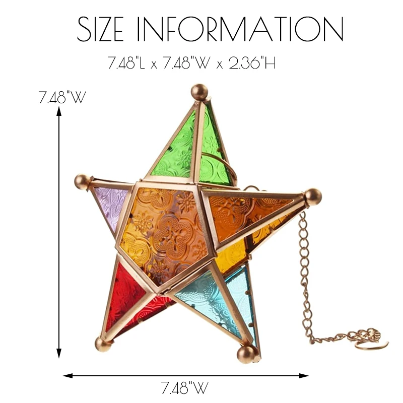 Marokański wiszący świecznik na podgrzewacze w kształcie gwiazdy Kolorowy szklany świecznik w stylu pentagramu Świecznik z kutego żelaza Vintage