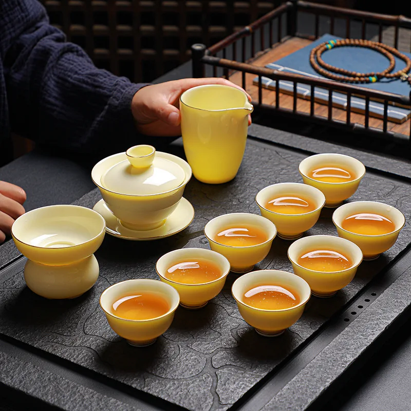 

Gaiwan Chahai Chawan Ceremony Tea Set Gem Yellow 8 Cups Dehua White Porcelain Household Sheepskin Sancai Making Bowl Covering