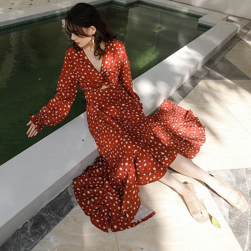 Longue robe ethnique à pois pour femmes, style Boho, imprimé, Vintage, à volants, manches longues, col en V, vacances, automne, 2022