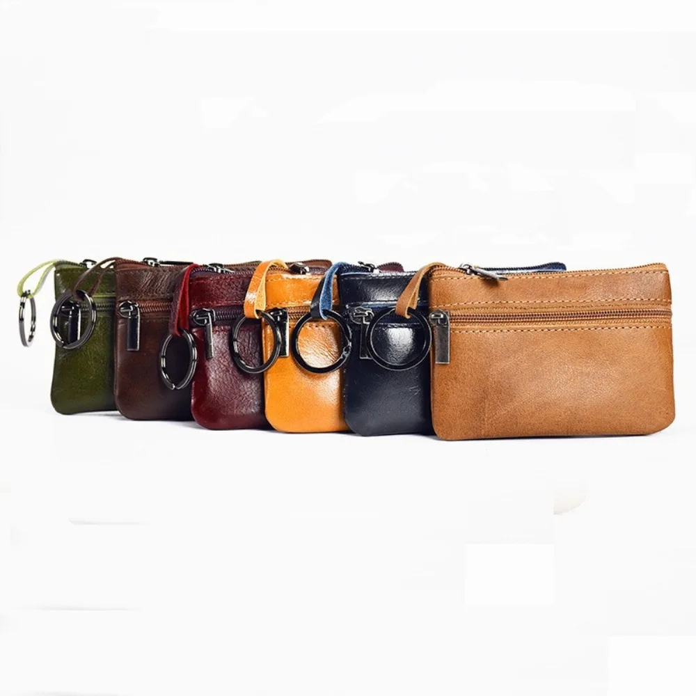 Simple Leather Mini Coin Purse Unisex Simple Portable First Layer Cowhide Retro Handmade Zipper Small Wallet Key Case