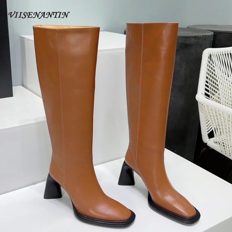 

Top Quality Handmade Genuine Leather Women Knee High Boots Side Zipper Fashion Square Toe Strange High Heel Knight Boots Females