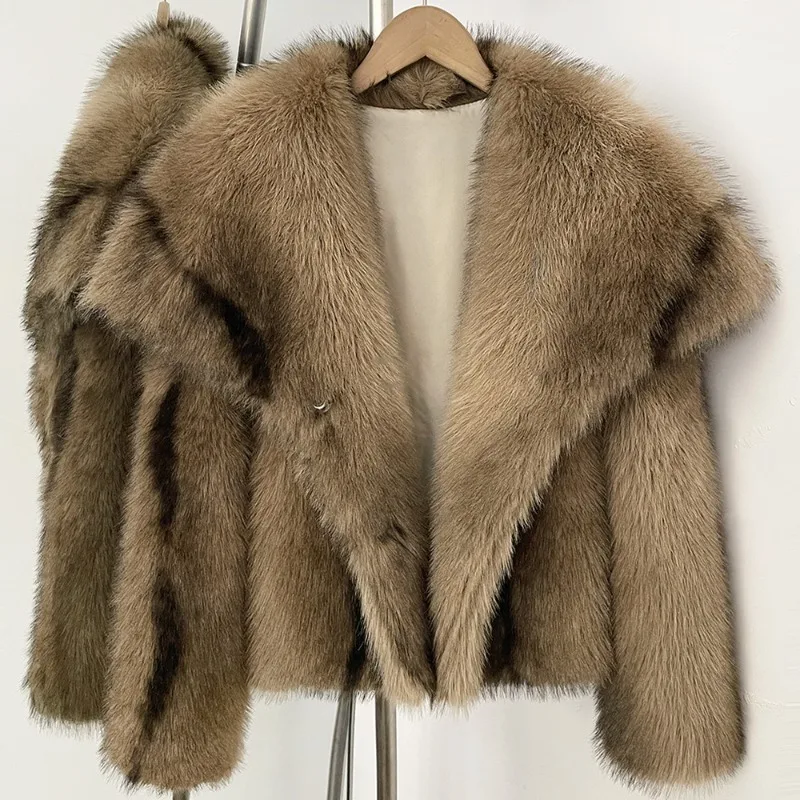 Fashion Autumn Winter Stripe Faux Fur Coat Women's Fox Fur Short Jacket Thicken Wide Lapel Loose Outerwear Streetwear Fur Coats