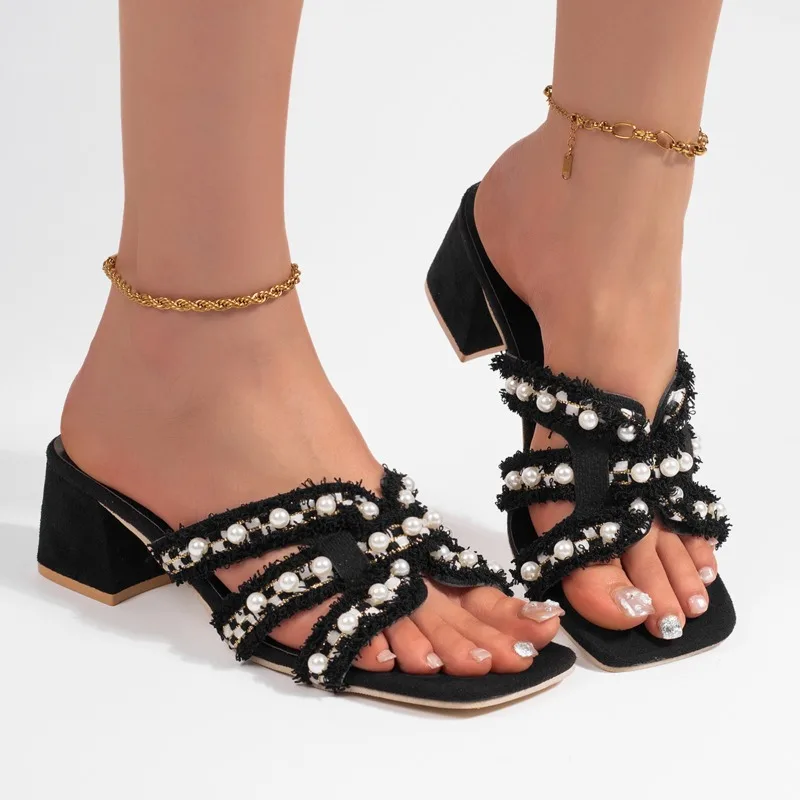 Women Tweed Fringe Pearl Crisscross Slide Mules Square Open Toe 5CM Chunky Block Heel Summer Sandal Slippers