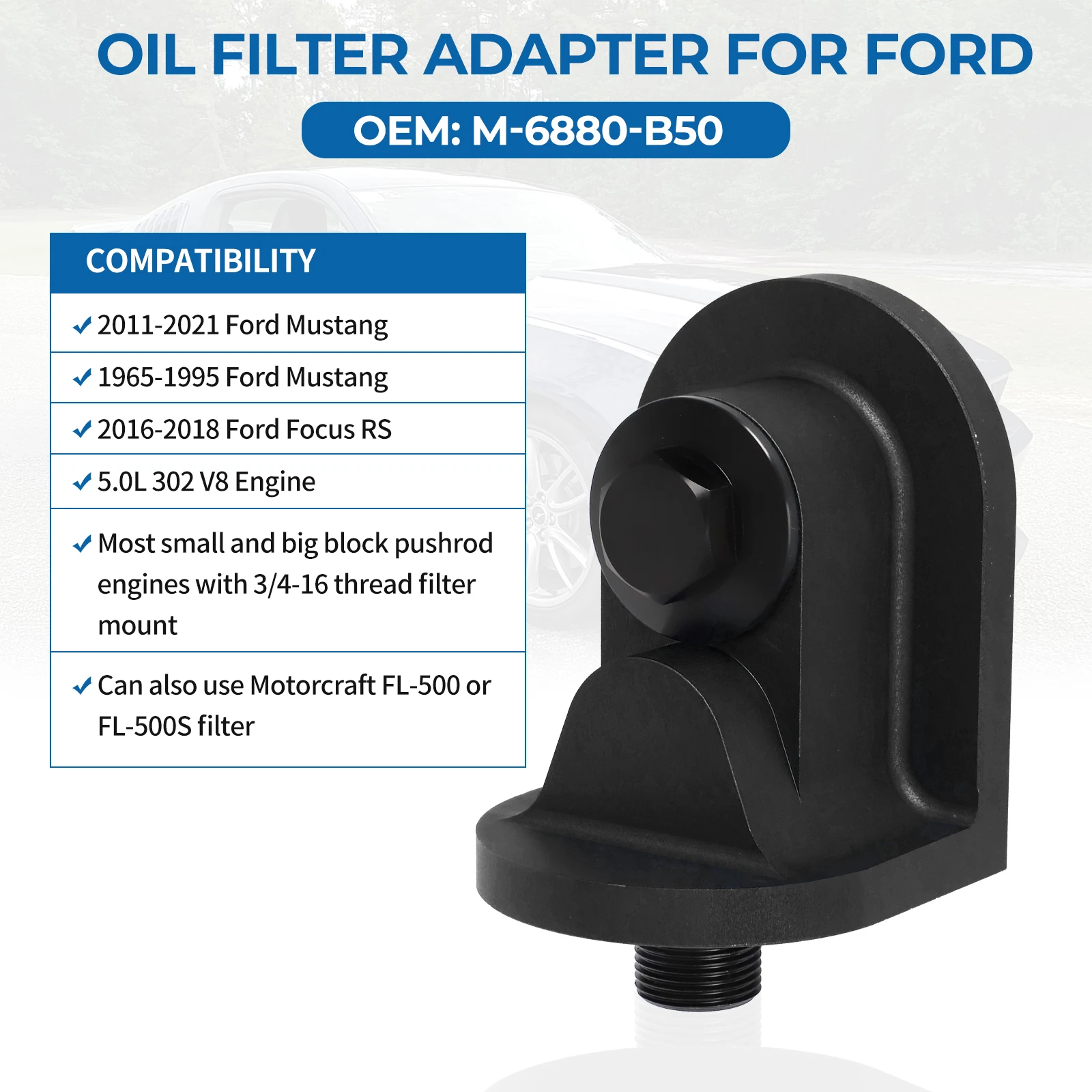 Oil Filter Adapter For Ford Performance M-6880-B50 M-6880-A50 90 Degree Aluminum Bule Black