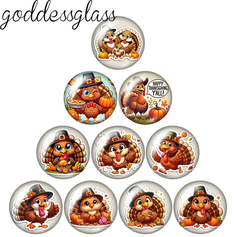 Thanksgiving Day Cute Turkey pumpkin cartoon 12mm/18mm/20mm/25mm Round photo glass cabochon flat back Making findings Jewelry