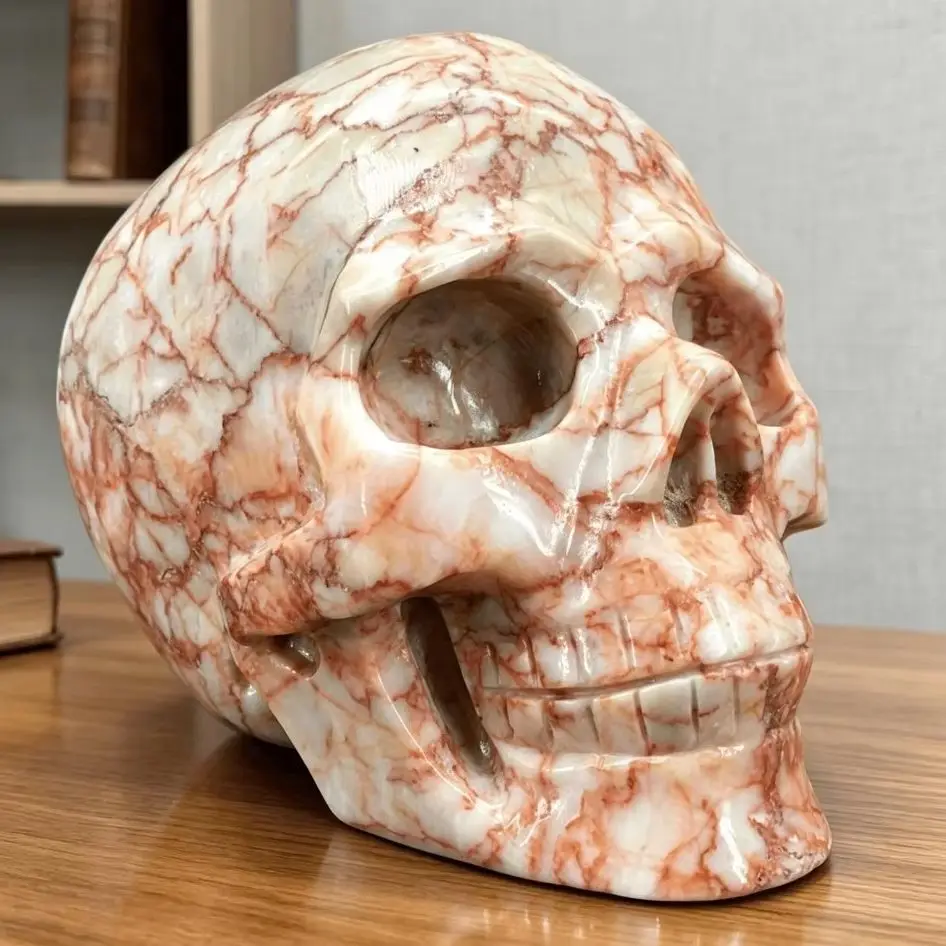 Natural Red Network Stone Skull, Hand Carved Reiki Healing Home Decor Crystal Gifts Crystal Skull Ornament Halloween Gift