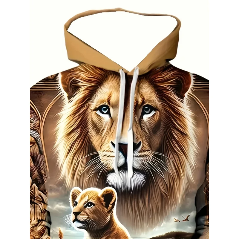 هوديي كاجوال بأكمام طويلة بنمط الأسد المقدس والأسد الصغير ثلاثي الأبعاد للرجال مع جيب برباط، معطف رياضي بنمط عصري، مقاس S #5