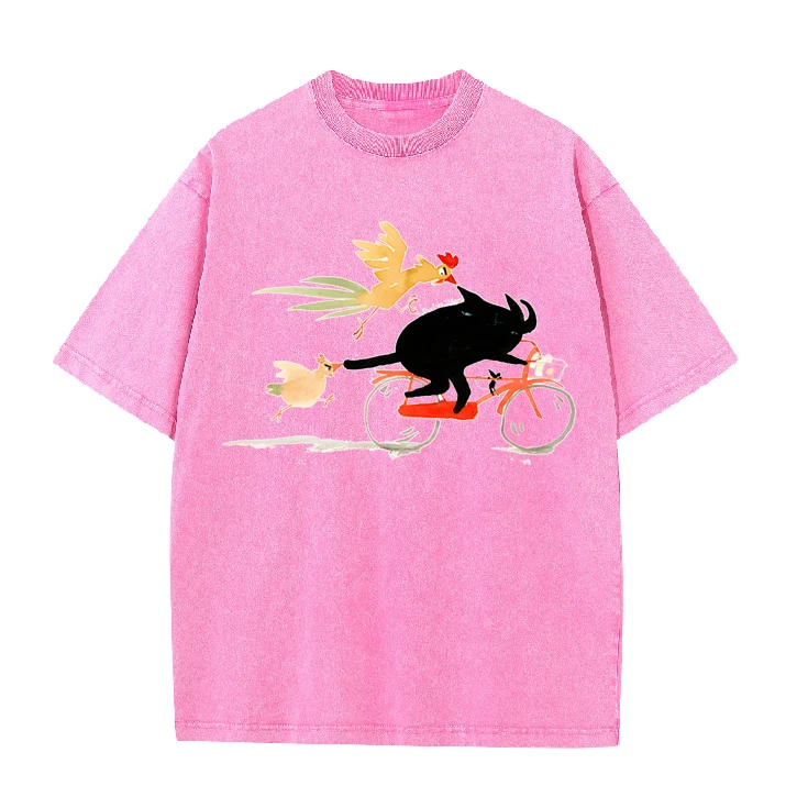 

Retro Washed Brown T-shirt Men Funny Animal Graphic Tee Cat Riding Bike Casual Loose Cotton Short Sleeve