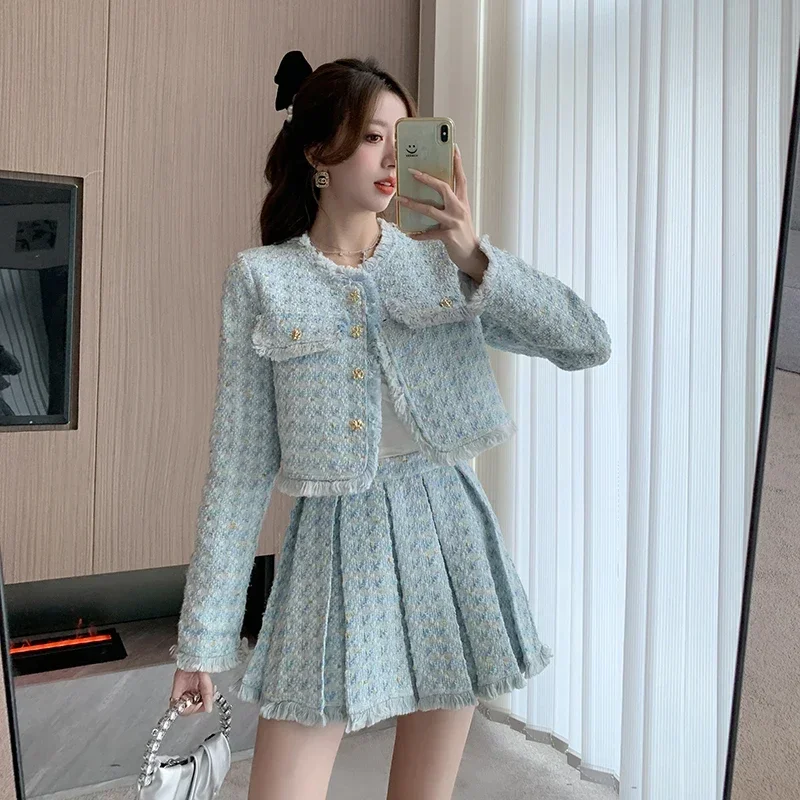 Lnsozkdg Fashion Tweed Jacket 2 Piece Set Women Elegant O-neck Long Sleeve Short Coat + Mini Pleated Skirt Suits Ladies Outfits