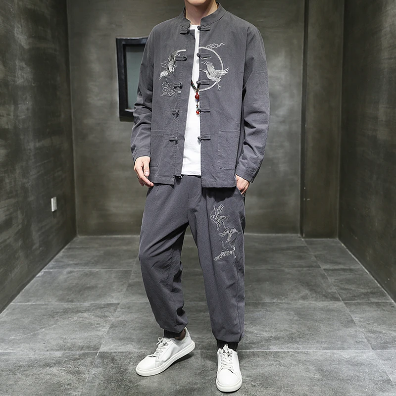 2025 Autumn Men Loose Embroidery Sets Men Chinese Style Dad Clothes Male Traditional Cotton Linen Tang Suit Man Shirt +Pants