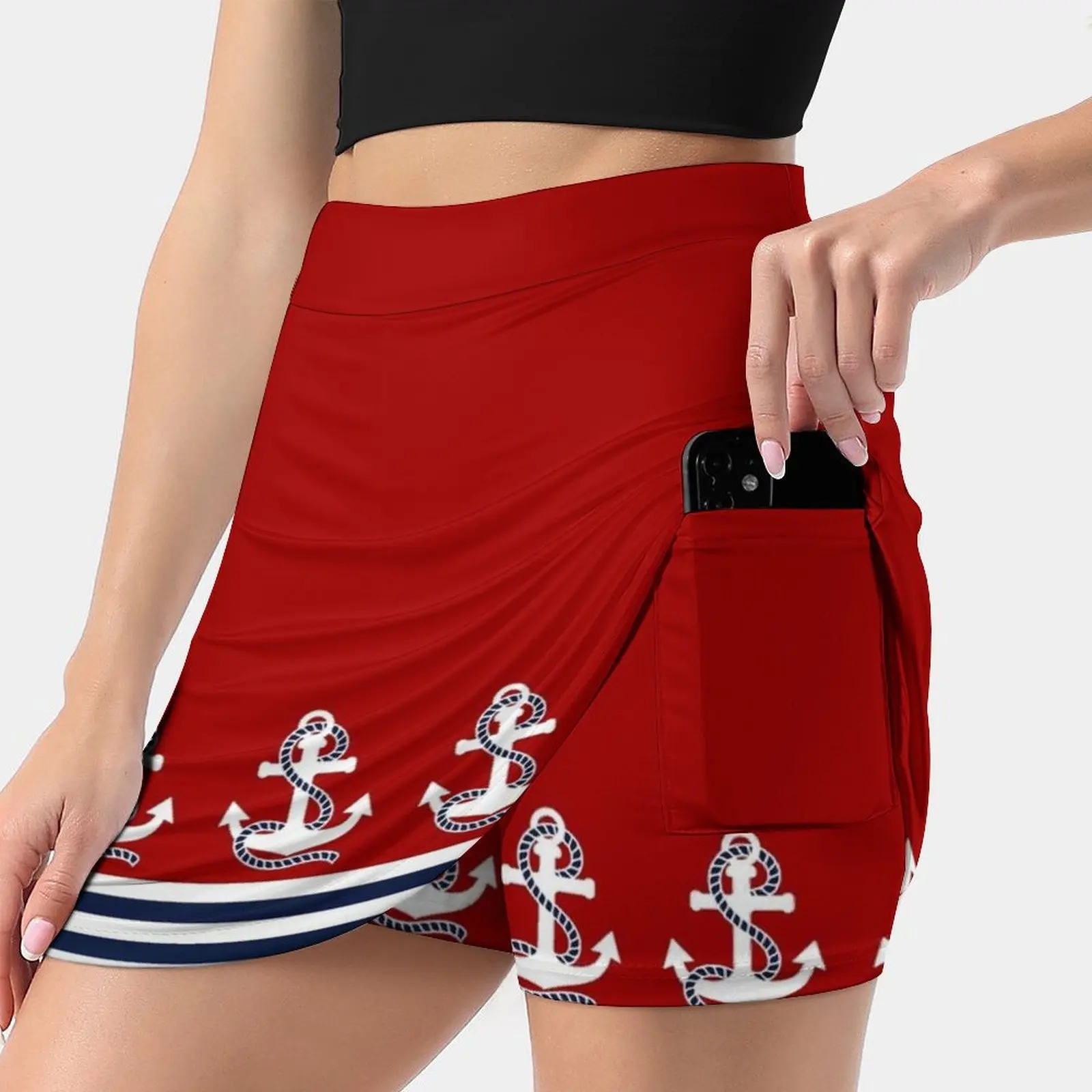 Nautical Red White Stripes And Blue Anchors On Red Korean Fashion Skirt Summer Skirts For Women Light Proof Trouser Skirt