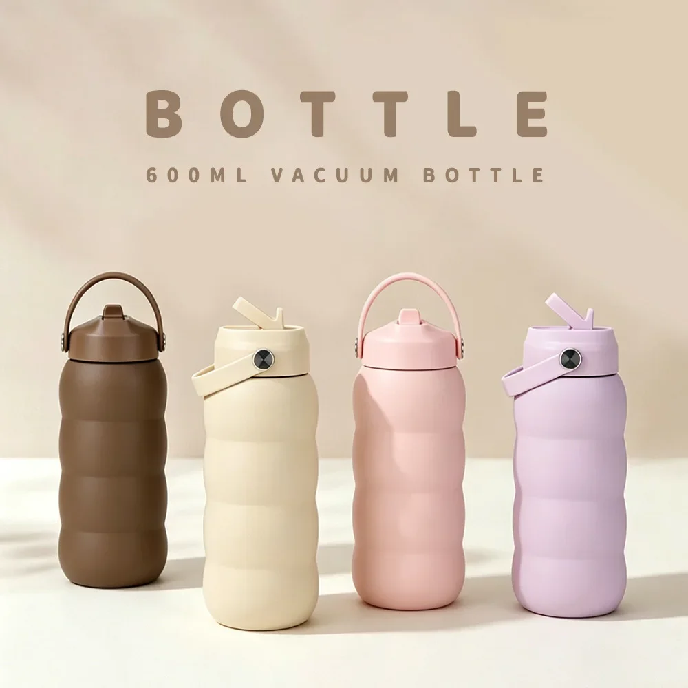 600ml Sports Thermal Water Bottle with Straw and Handle For Gym Camping,Double-wall Stainless Steel,Portable Sipper Thermos Cup