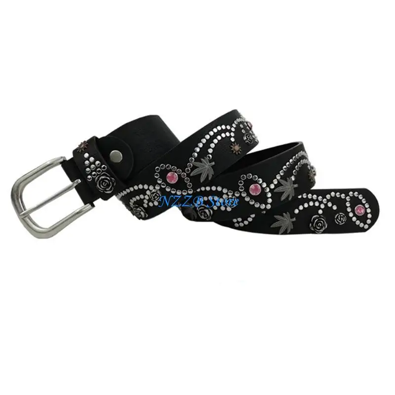 

T21F Summer Waist Belt with Alloy Flower Rivet Decor for Woman Men Rivet Adjustable Pin Buckle Waist Strap for Jeans Dress
