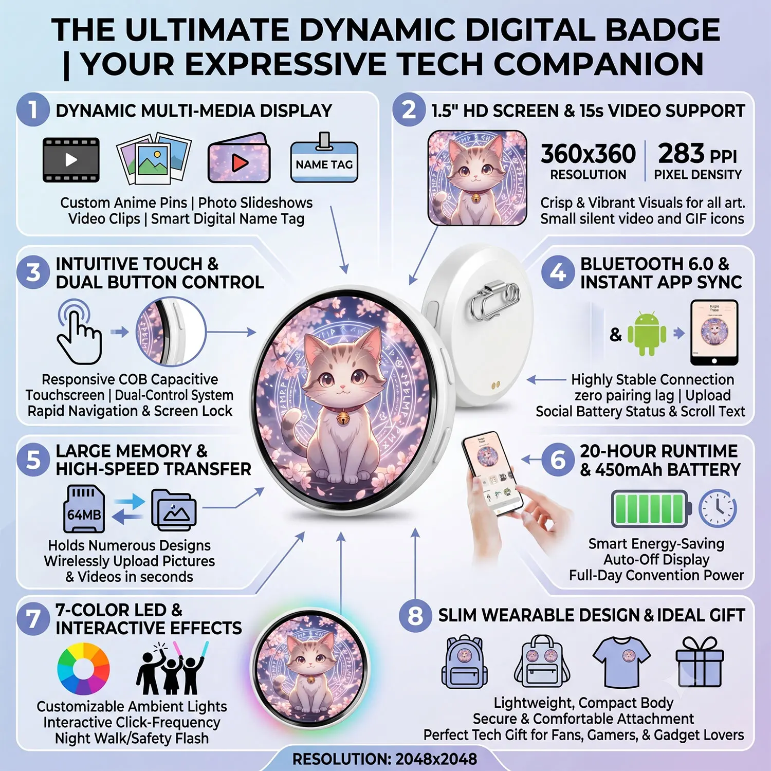 For E-Badge HD Dynamic Display Smart Pin For E-Badge Bluetooth Anime Digital Pin with App Control for Photos & Animations