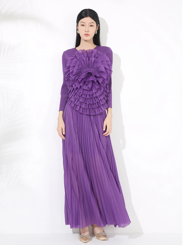 

Chic Solid 3D Flowers Skirt Outfit Spring Women Long Sleeve O-neck Top+High Waist Fold Big Swing Bust Skirt Autumn Two Piece Set