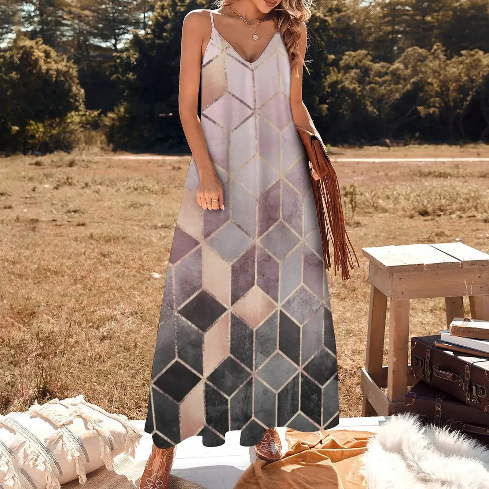 Pink And Grey Gradient Cubes Sleeveless Dress women's summer clothing 2024 elegant dresses plus sizes Dress