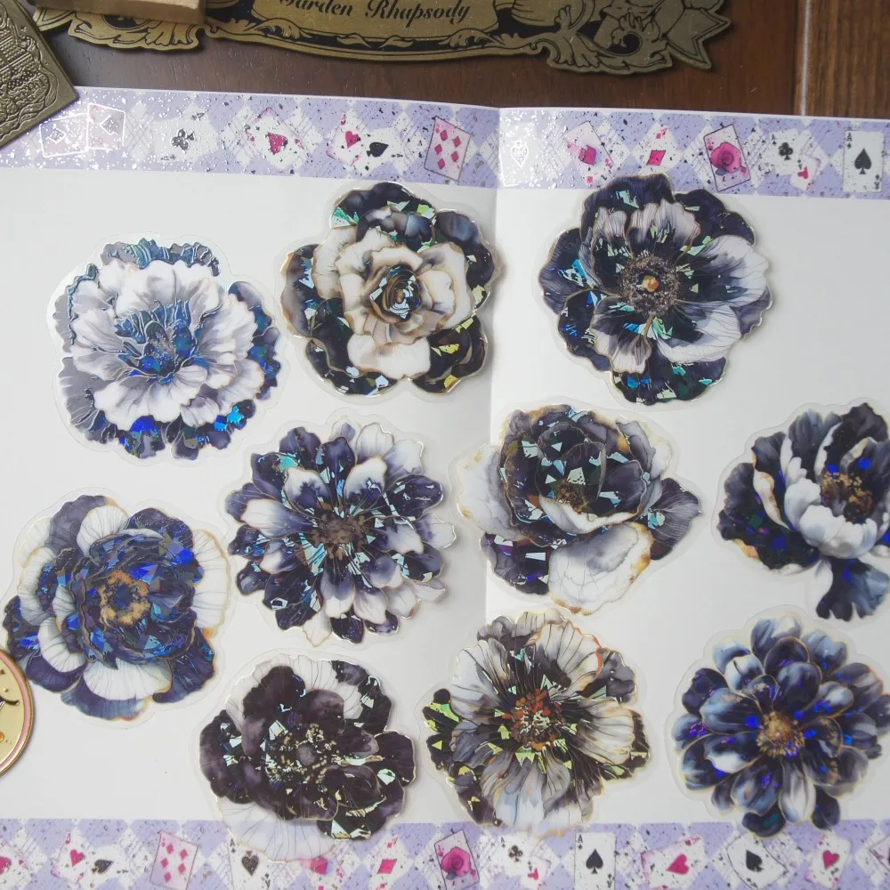 

10 Pcs Gold Deep Color Flowers Bloom Style PVC Sticker Scrapbooking DIY Gift Decoration Tag