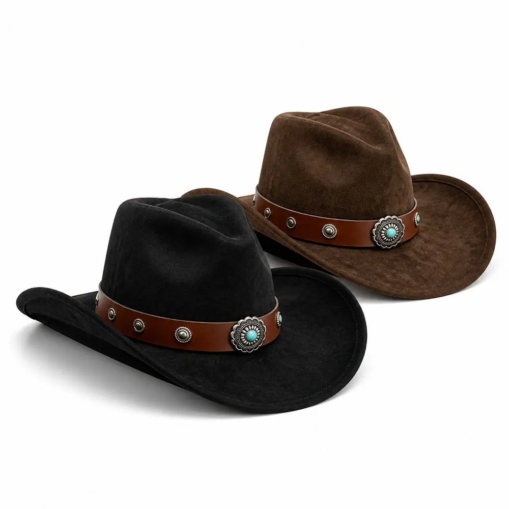 Wide Brim Hat Western Cowboy Hat Faux Suede Decorative Concho Band Cowgirl Hat Vintage Western Style Structured Crown
