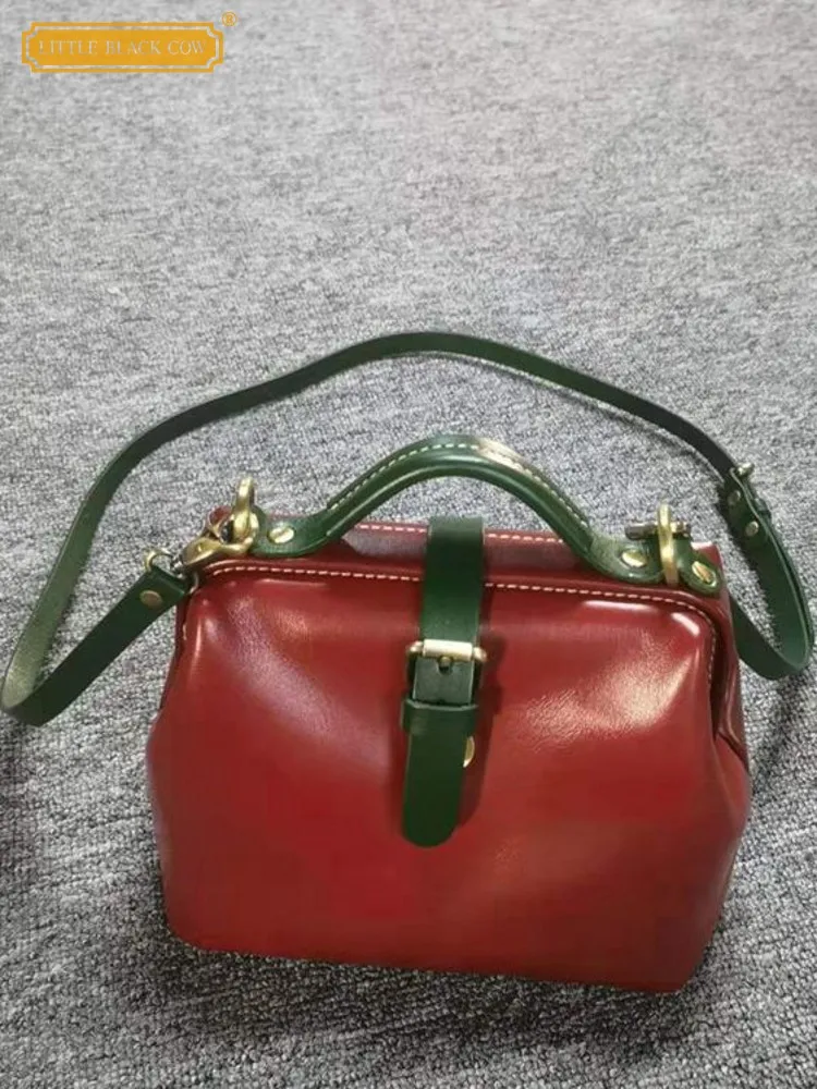 

Vintage Women Cowhide Genuine Leather Doctor Bag Mixed Colors Fashion Handbag Ladies Strap Shoulder Bag New Totes Crossbody Bags