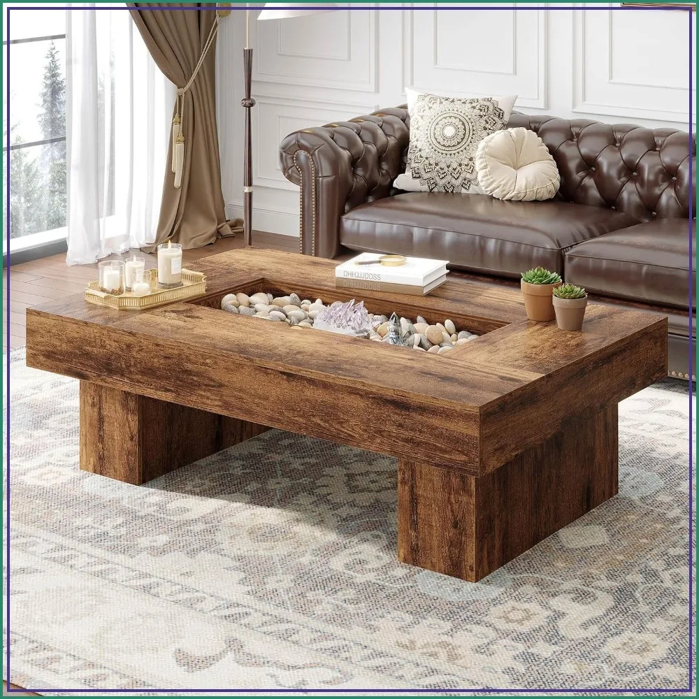 LVB 47x31 Inch Large Rectangle Wood Coffee Table for Living Room Rustic Brown