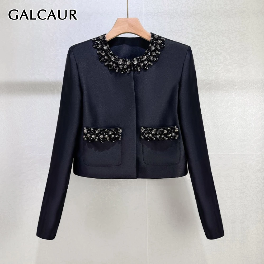 

GALCAUR Black Spliced Beads Luxury Jacket Female O Neck Long Sleeve Slimming Office Lady Women's Jackets Fashion Autumn Style