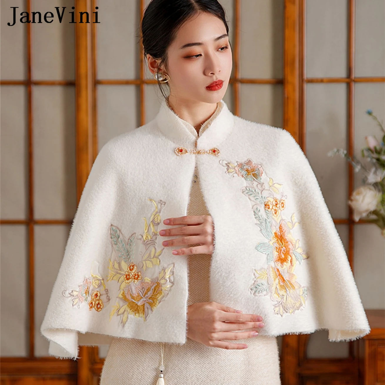 

JaneVini Beaded Pin Bridal Wraps Capes Ivory Embroidery Faux Fur Bride Wedding Coat Cloak Women Formal Party Shrugs Stole Bolero