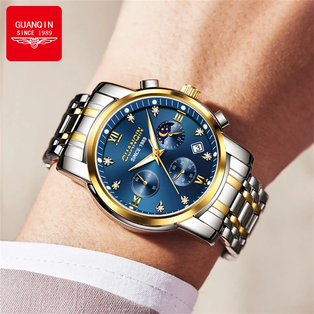 GUANQIN Men Watches Classic Fashion Fine Steel Sapphire Mirror Original Quartz Wristwatch Moon Phase Chronograph Date Waterproof