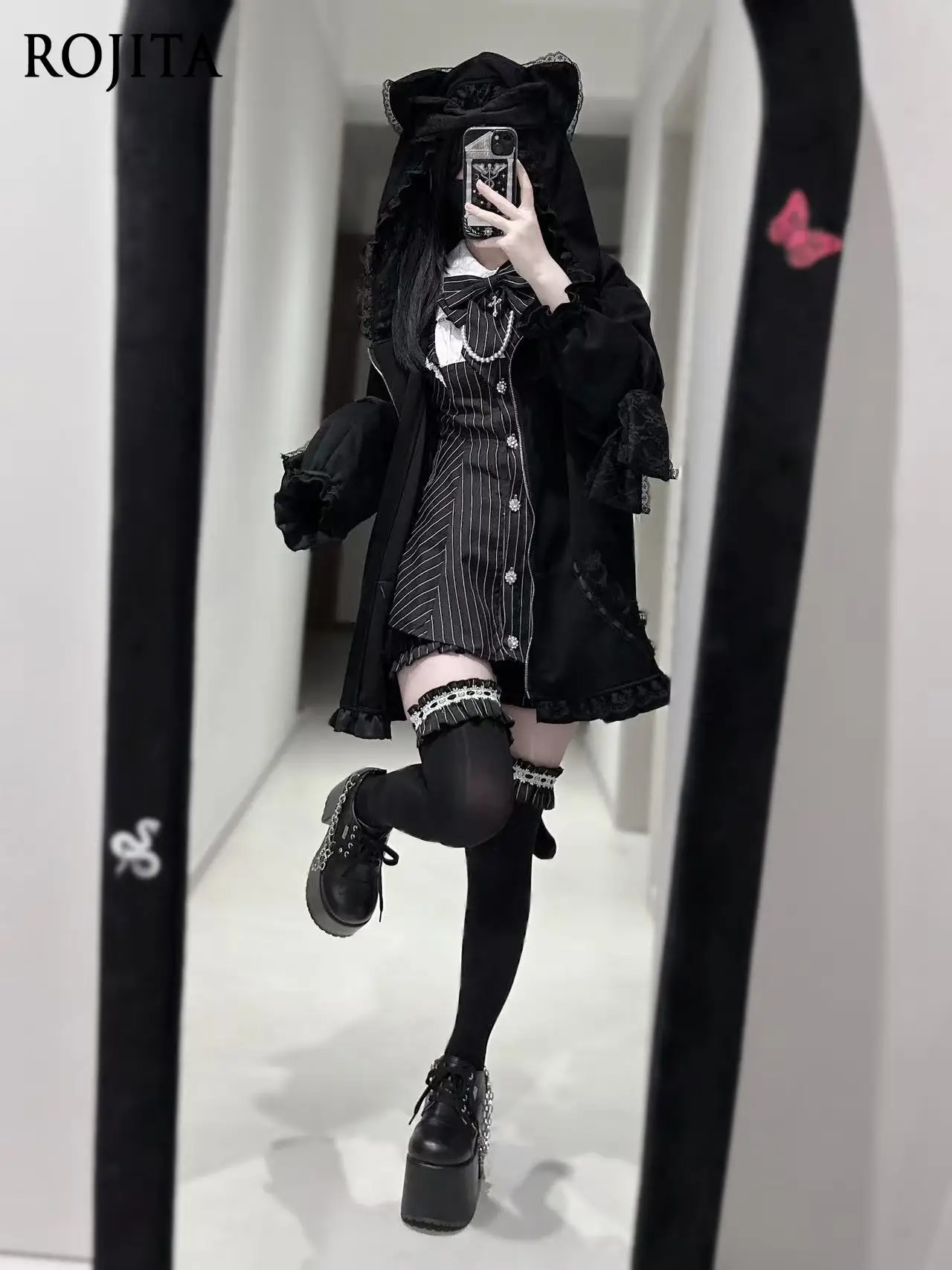 Sweet Lolita Cat Ear Hooded Zip‑Up Coat Women Lace Ruffle Trim Loose Long Sleeve Jacket Kawaii Outerwear