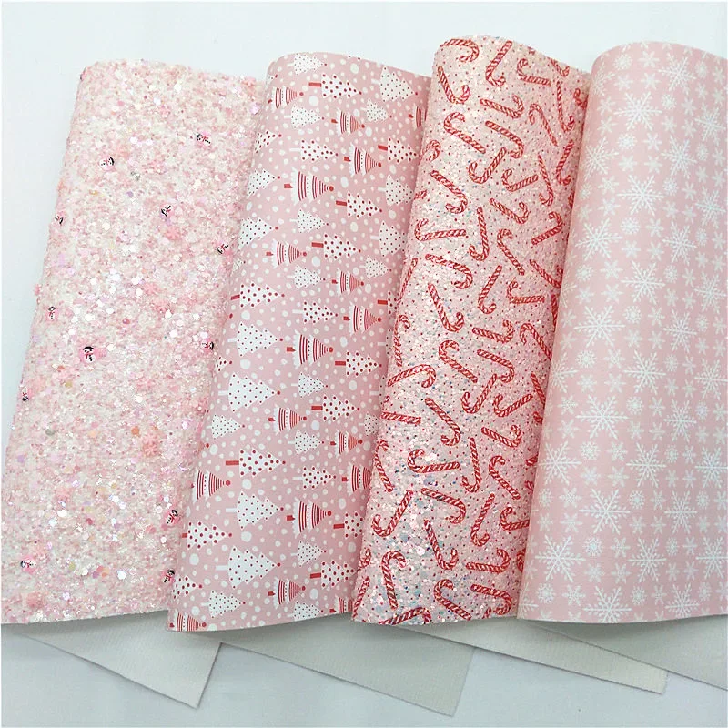 Pink Snowmen Glitter Leather Sheets Crushes Candy Cane Printed Glitter Leather Snowflakes Faux Leather For Bow DIY 21x29CM Q1505