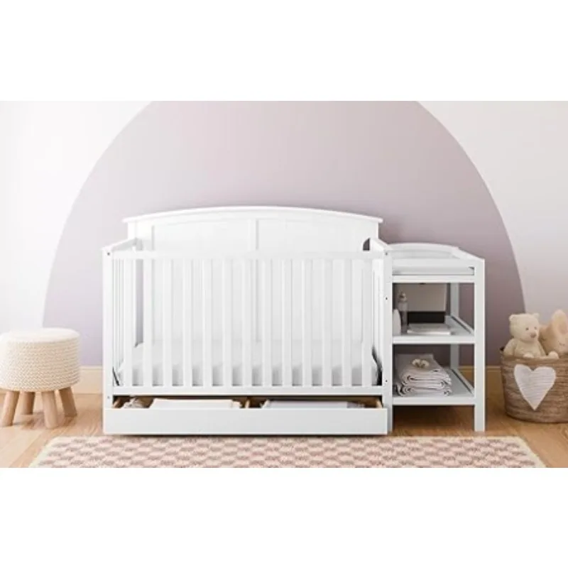 Steveston 5-in-1 Convertible Crib and Changer with Drawer (White) – GREENGUARD Gold Certified, Crib and Changing Table Combo