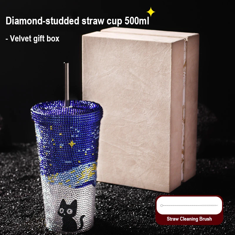 Sparkling Glass Rhinestone Tumbler Hot-Fix Crystal Straw Cup Food-grade Stainless Steel Vacuum Thermos Gift-Ready Drinkware