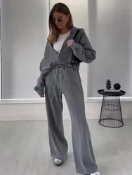 HH Bomber Jacket Pant Set For Women Casual Long Sleeve Zipper Coat Vintage Solid Sweatshirt Suit Autumn Woman Streetwear