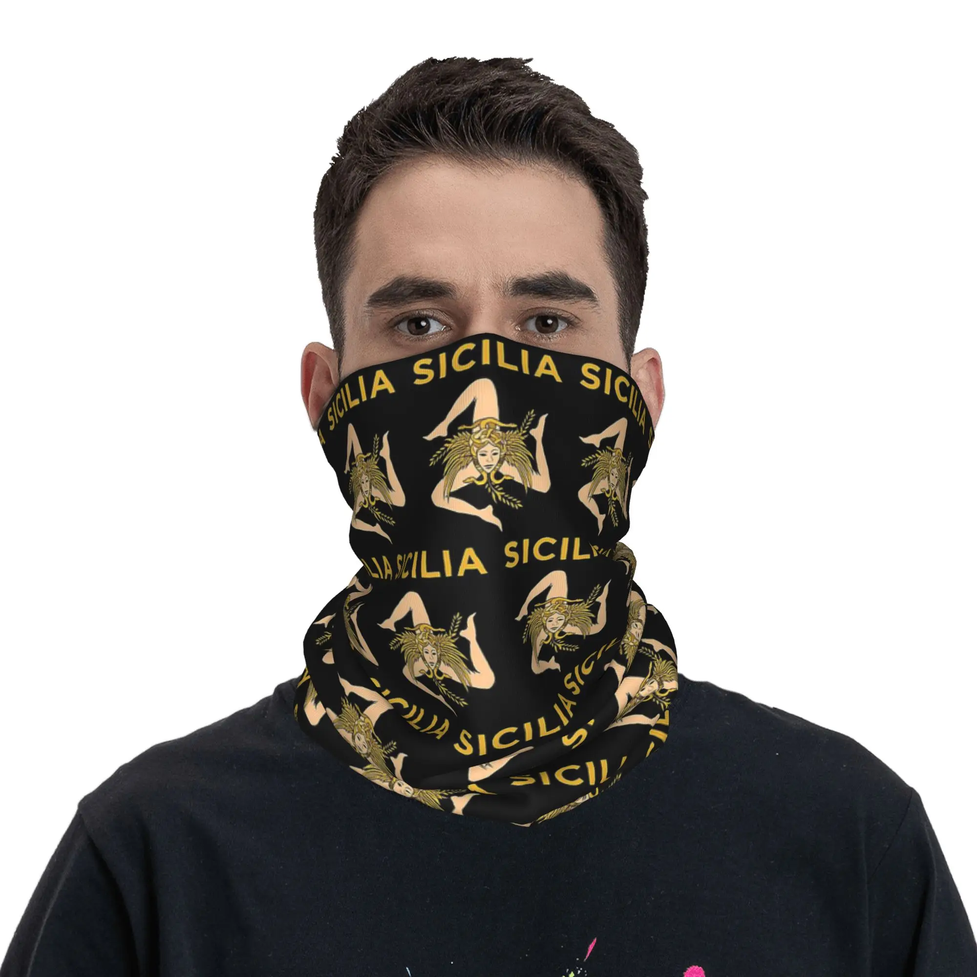 Sicily Trinacria Italy Sicilian Flag Bandana Neck Cover Printed Mask Scarf Warm Cycling Scarf Outdoor Sports Unisex All Season
