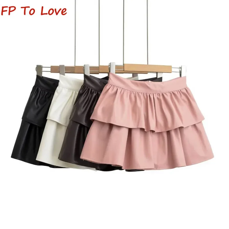 

High-waisted Double A-line Fluffy Pod Pleated PU Half-body Skirt Street Spice Girls Leather Anti-Shine Skirt