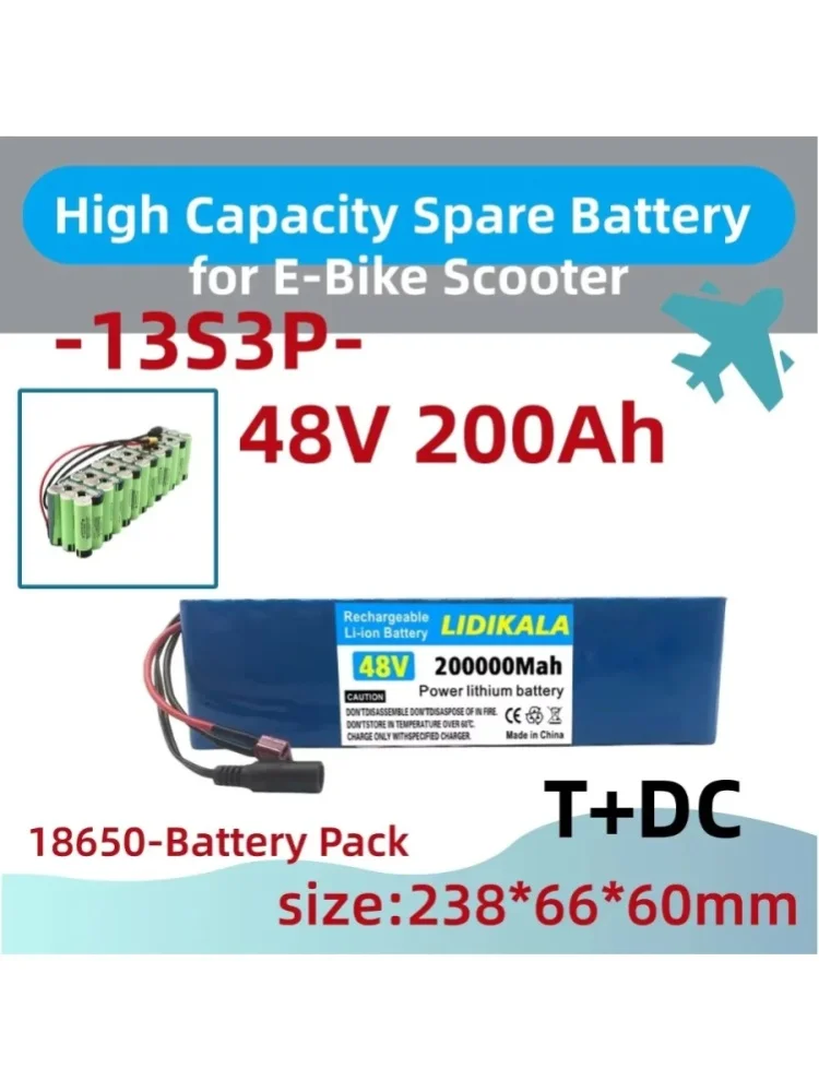 48V 200Ah 13S3P 18650 Lithium-Ionen-Akku-Pack, XT60+DC-Anschluss, wiederaufladbarer Ersatzakku für E-Bike Elektroroller