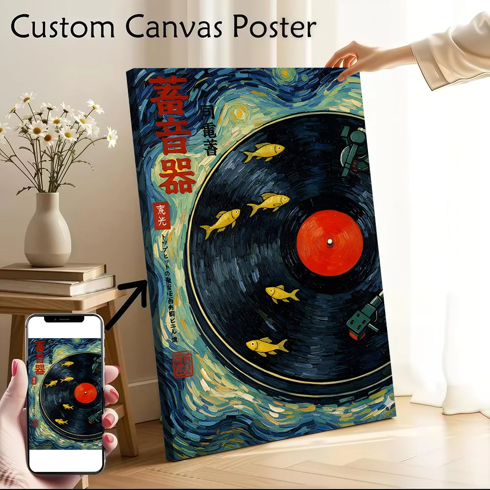 Van Gogh Style Vinyl Record With Goldfish Canvas Poster Wall Art Customizable High Quality Printed Picture for Room Ornaments