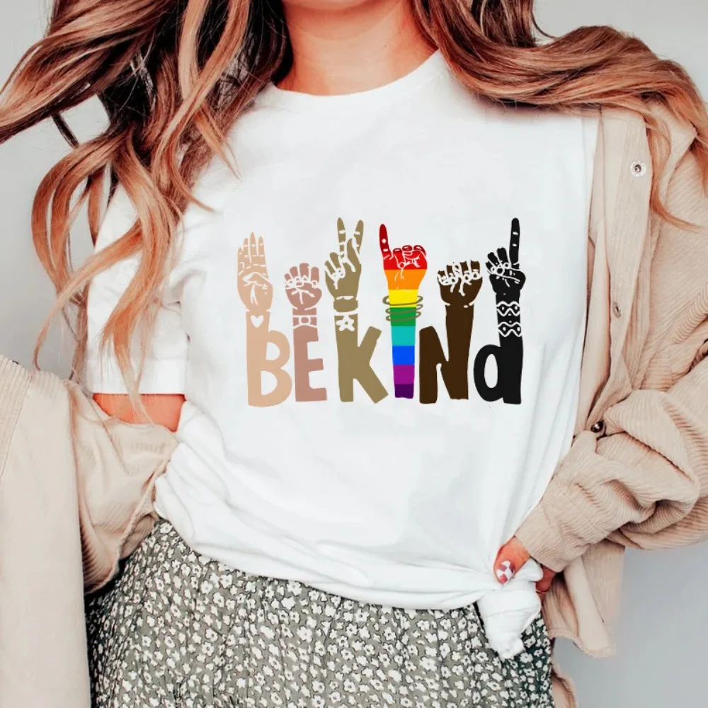 BE KIND Print Women's T-shirt LGBT Female Rainbow Short Sleeve Tshirt Girls Pride Month Shirt Love Wins Outfit Graphic Tee