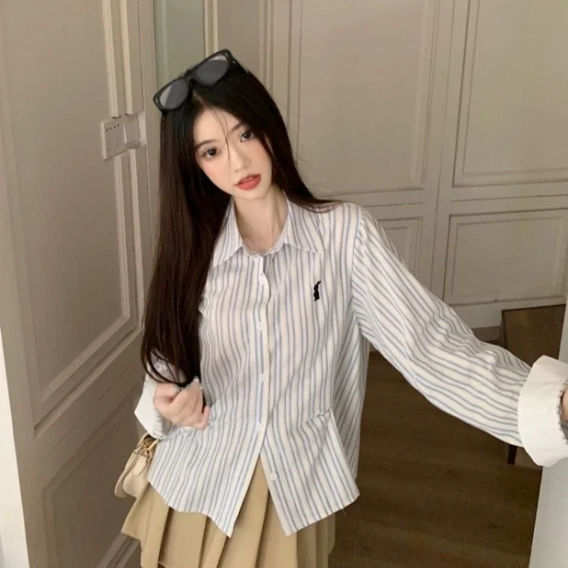 2025 otoño camisa a rayas francesas Mujer nuevo diseño blusa suelta Mujer Casual Oficina Tops Camisas De Mujer