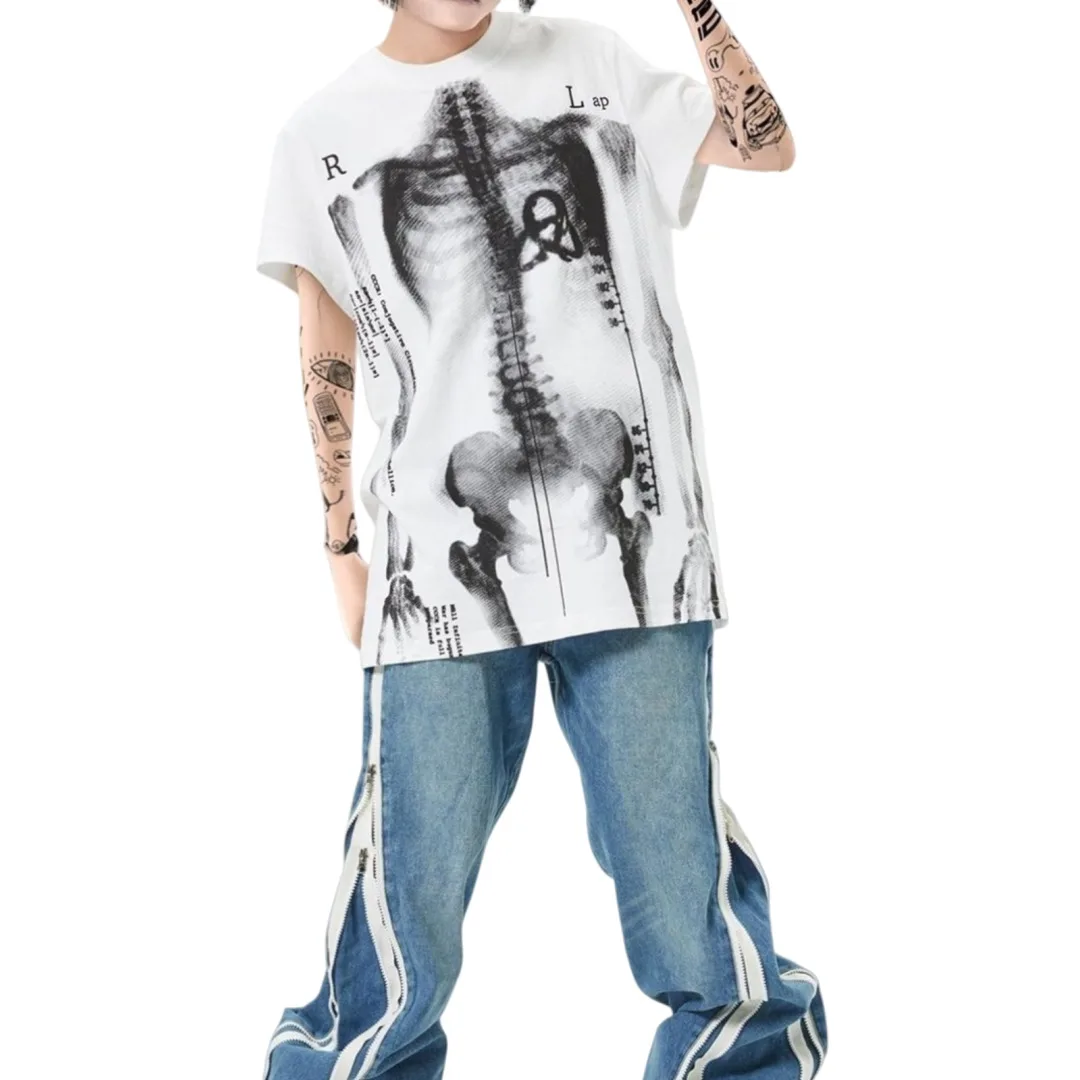 2025 nieuwe subcultuur streetwear T-shirt unisex Y2K schedelprint zwart wit Japanse punk rock zomertop