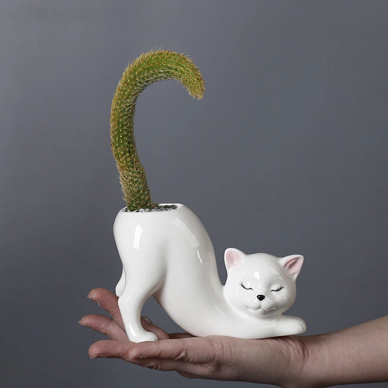 1Pc Creative Cute Cat Tail Column Vase Mini Ceramic Flower Pot Succulent Cactus Plant Pot Home Decor Accessories