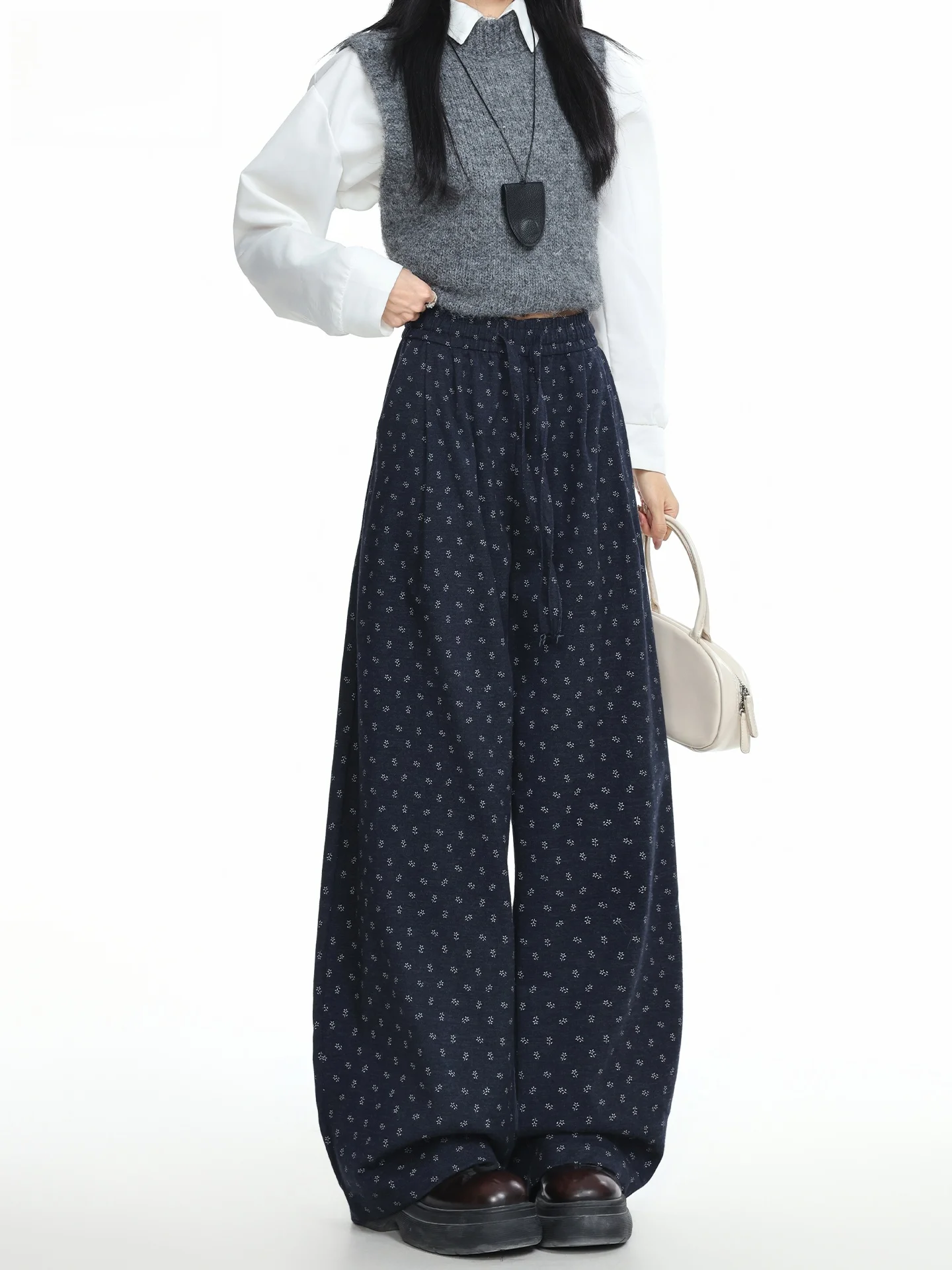

High Waist Wide Leg Pants Women's Floral Print Woolen Casual Drapey Loose Fit Straight Leg Trousers Spring Summer Fashion