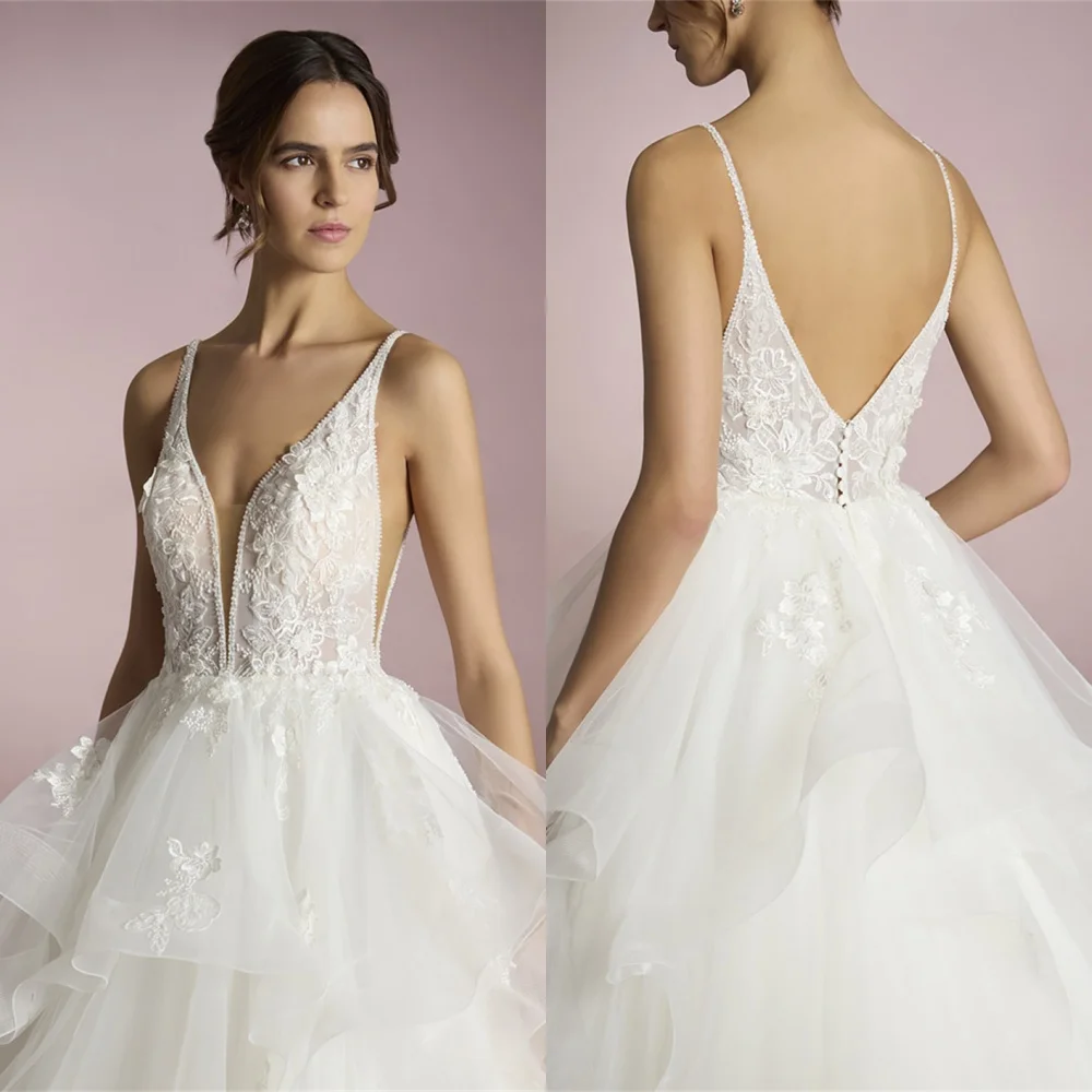 

Customized Elegant White Organza Wedding Dress Exquisite Spaghetti Straps Sleeveless Chapel Train Bridal Gowns Backless Dress