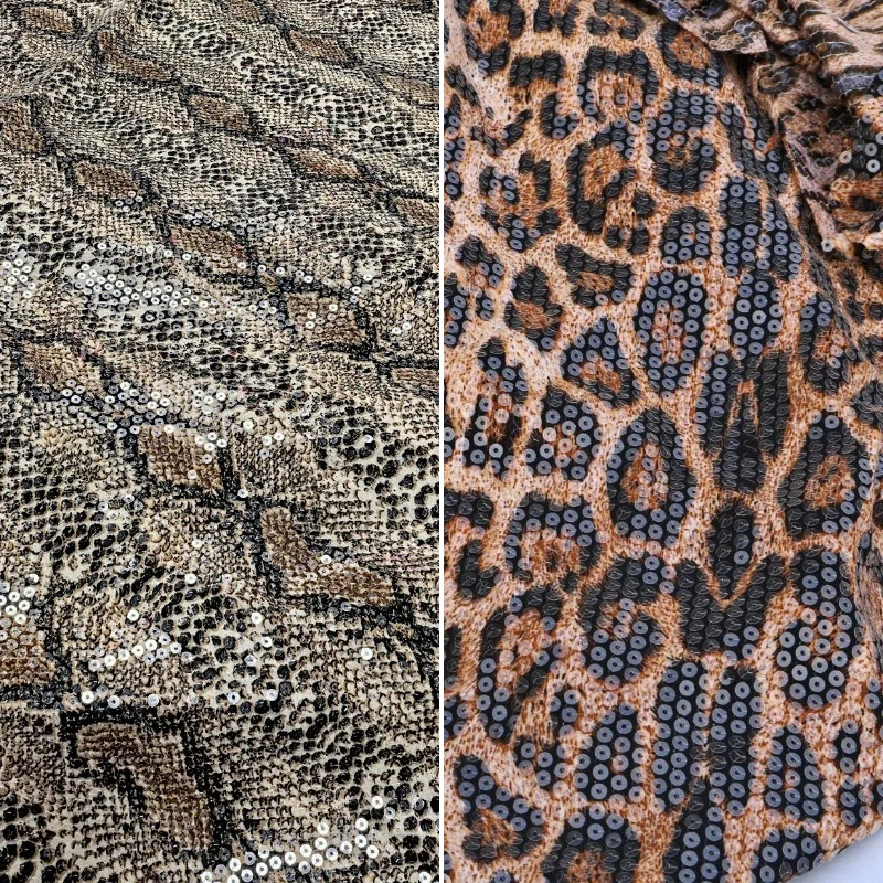 50x130cm Python Snake Printed Knitted Fabric 4-Way Stretch Cloth with 5mm Transparent Sequin Embroidery for DIY Sewing Dress