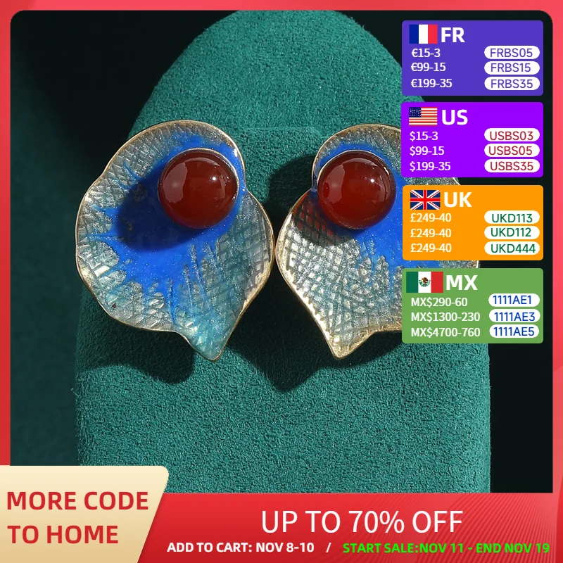 

Vintage Big Enamel Blue Red Agate Earrings Stud Gold Color Leaves Natural Pomegranate Luxury Brand Designer Antique Jewelry
