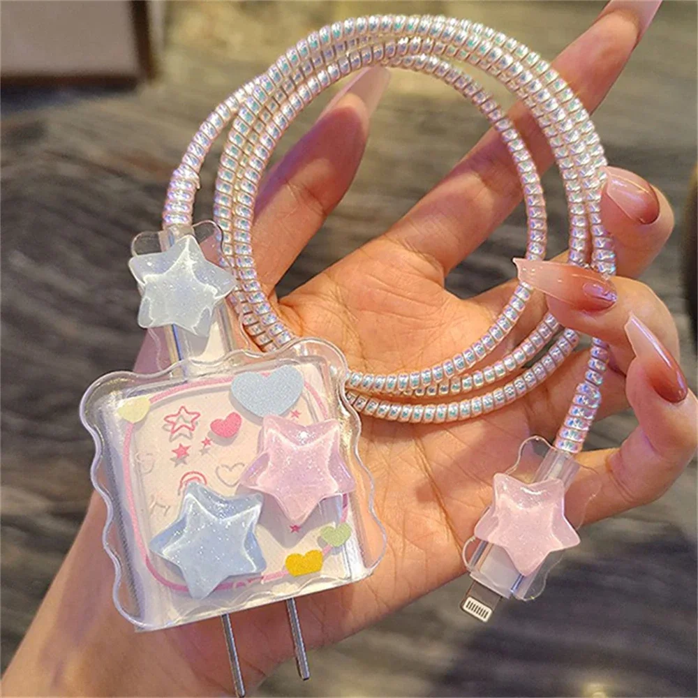 Kawaii Cute 3D Star Love Heart Wave Border Y2K USB Protector Cover for IPhone 18/20W Data Line Head Cord Fast Charging Case