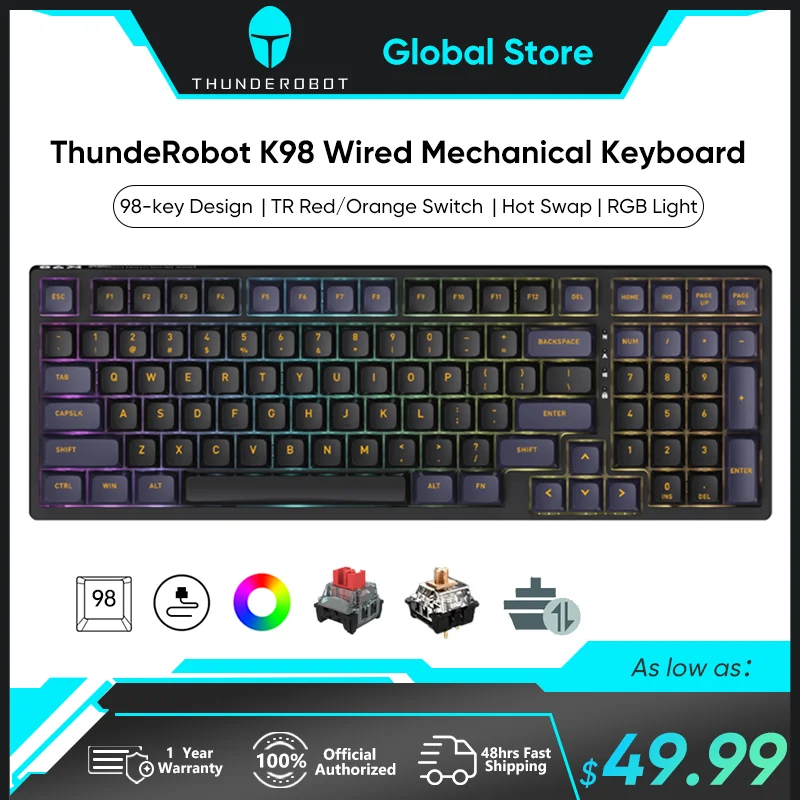 ThundeRobot K98 Mechanical Keyboard Orange Switch Wired  Gaming Keyboard Hot-Swappable RGB Light Gasket Silencing For Gamer