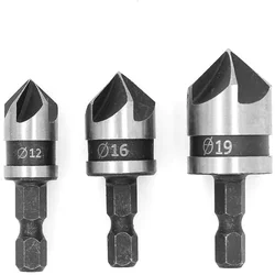 1/3/6pcs 90Degrees Chamfer Drill Bit Set 12/16/19mm 5Flute Woodworking Drill Bit Cutter Countersink Drill Bit Set Metal Drilling